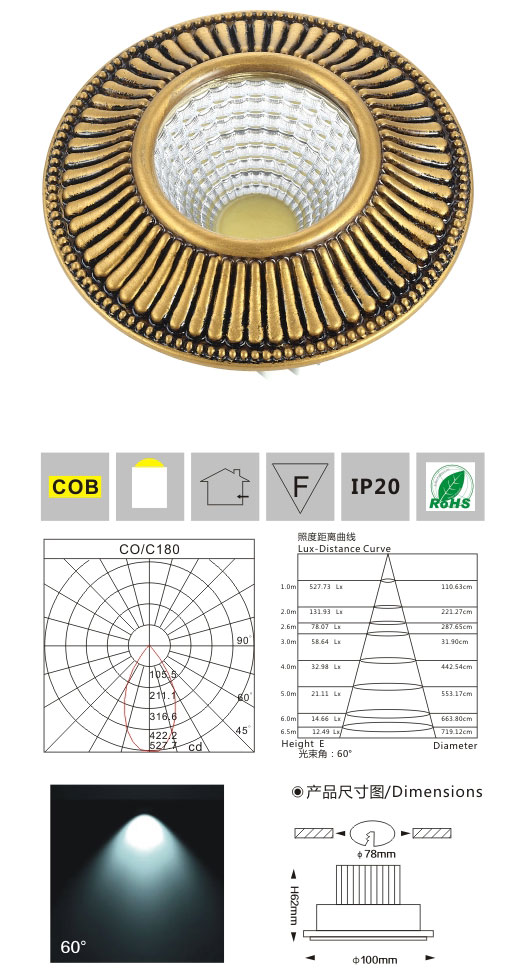 欧式COB天花灯LM8018S米黄扫金  产品检测