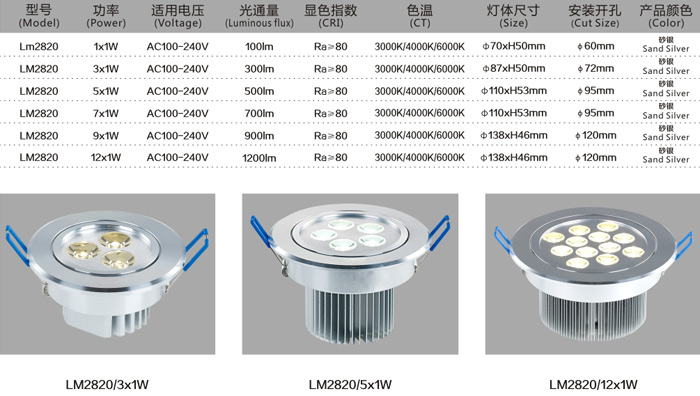 LED大功率天花灯 LM2820/5×1W  规格说明
